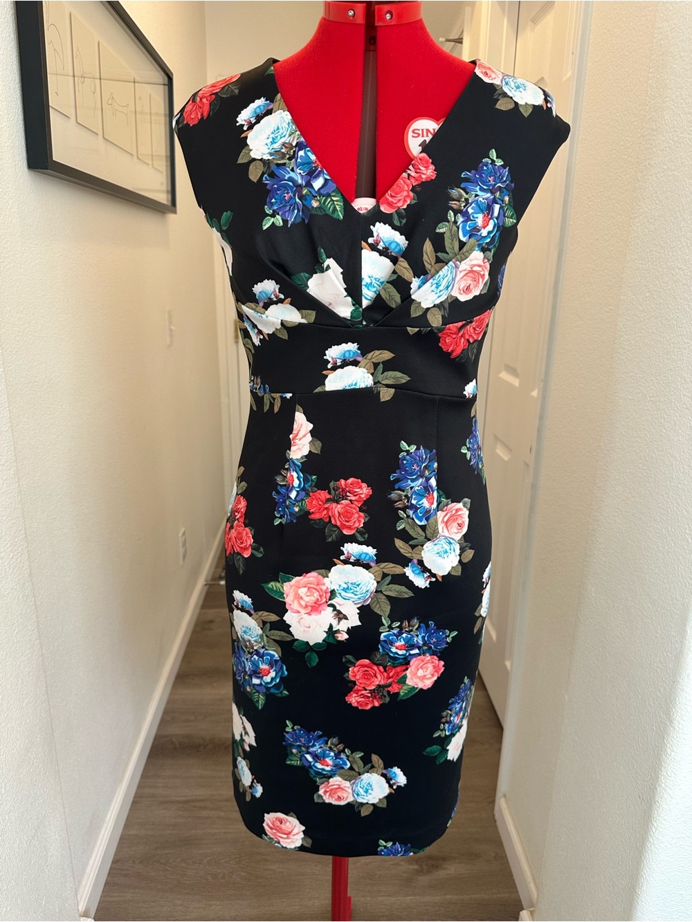 Betsey Johnson Floral V-Neck Sheath Wiggle Dress in Black Multi-Color Blooms